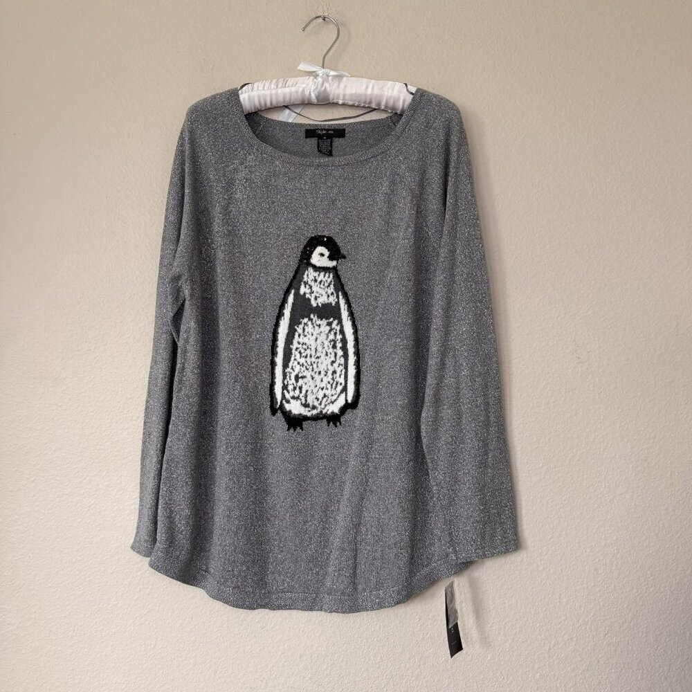 Style&Co Silver Sparkle Sequined Penguin Square Neck Knit Sweater Women's M